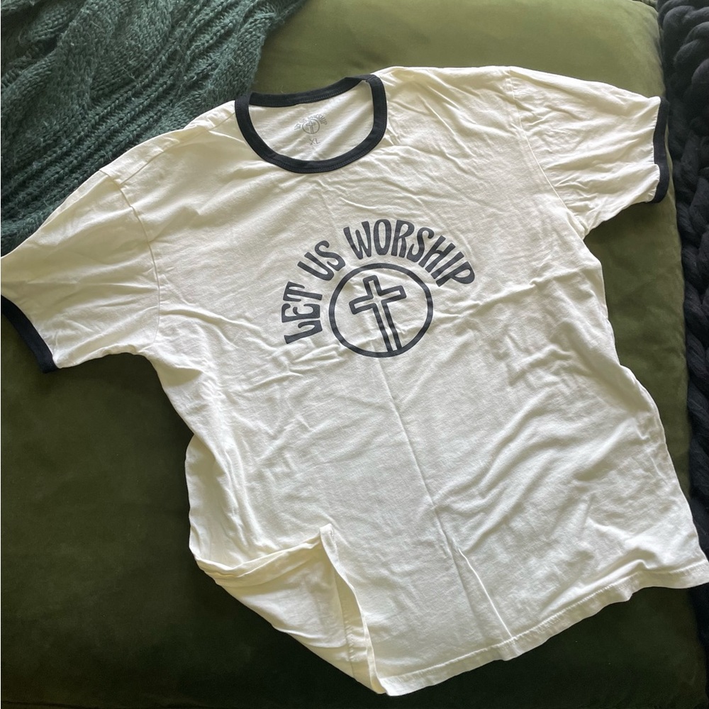 let us worship tee shirt - cream and black - xl